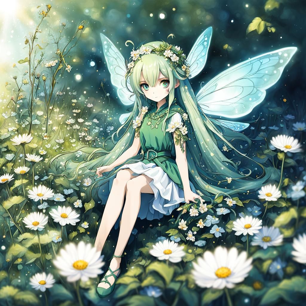 Anime Fairy Girl on Flower
