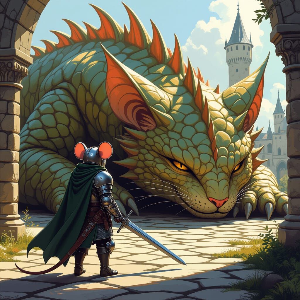 Mouse Knight Confronts Sleeping Dragon in Mystical Realism