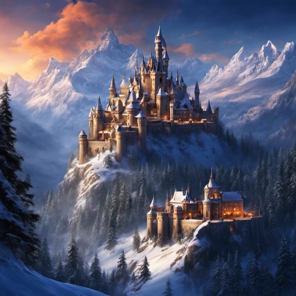 Fantasy Castle in Snowy Mountain Forest