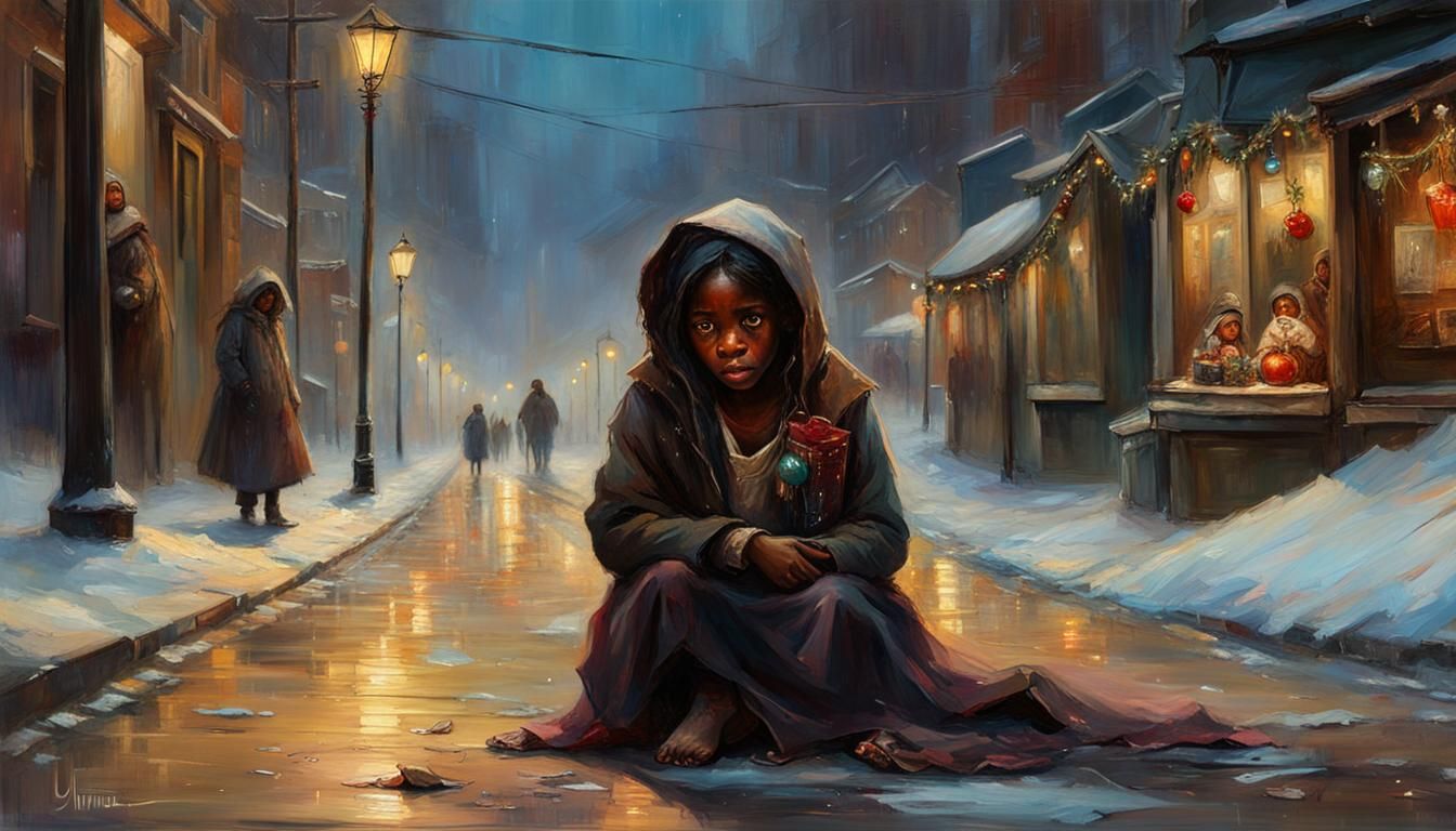 Distressing Beggar Girl Amid Christmas Decorations