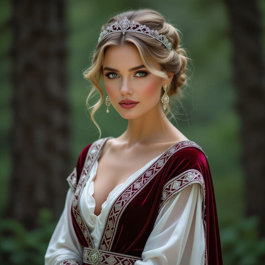 Ancient Georgian Noblewoman in Alpine Forest