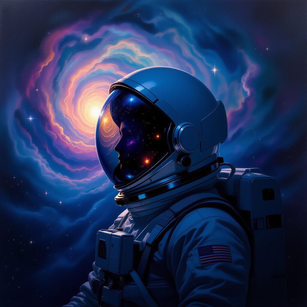 Astronaut Adrift Reflecting Cosmic Nebula in Double Exposure...