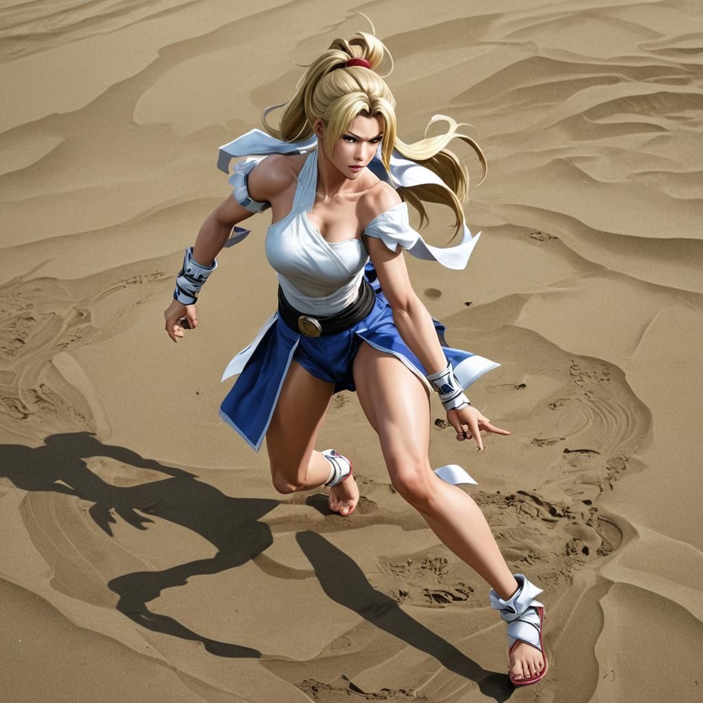 Anime-Style Blonde Fighter on Beach, Cel-Shaded Manga