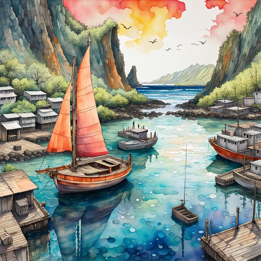 Lonely Sailboat in Hawaiian Harbor: Manga Ink Painting