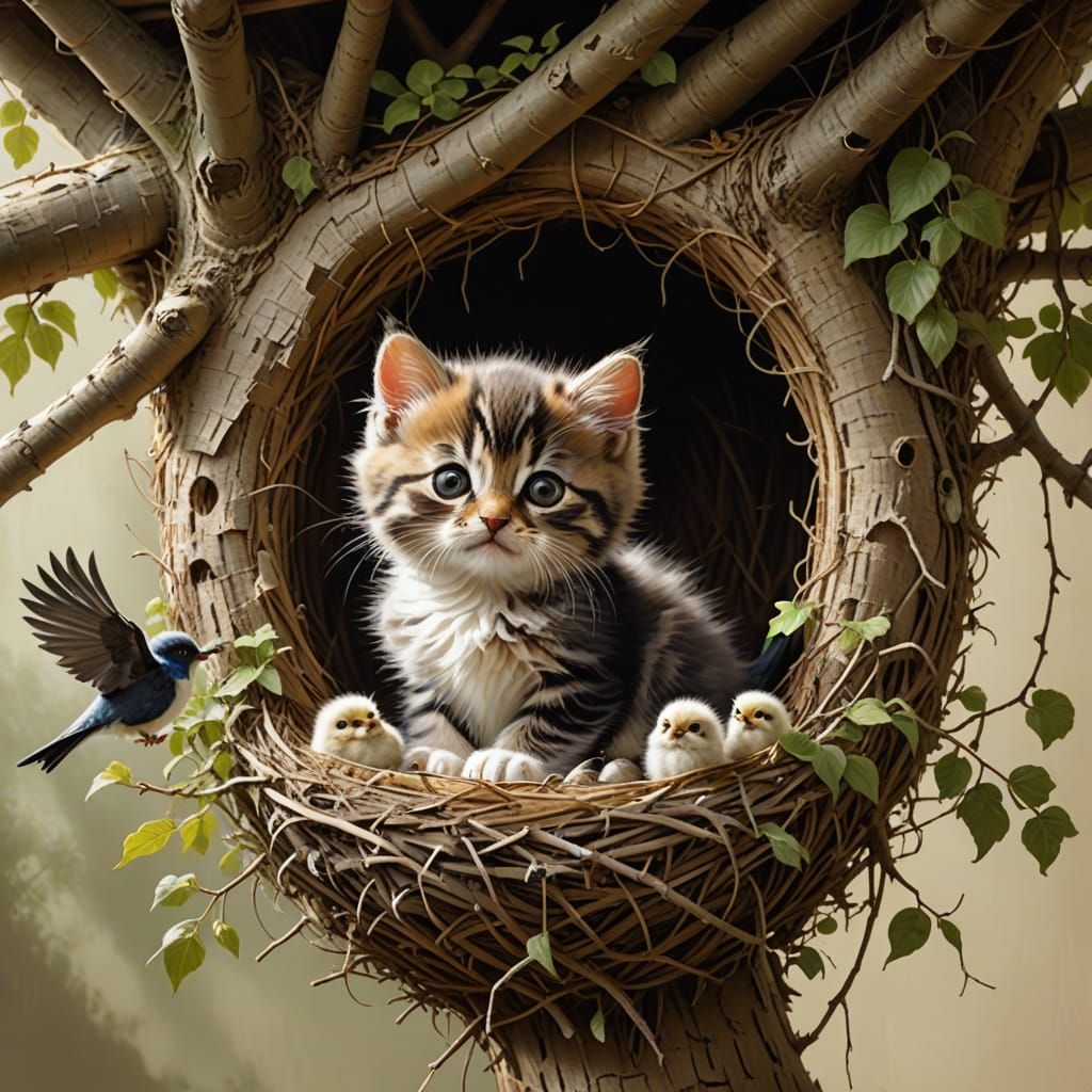 Kitten and Chicks in Nest: A Humorous Surreal Scene