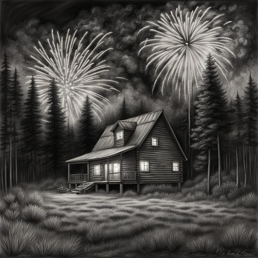 Hyperdetailed Charcoal Drawing: Cabin Under Fireworks