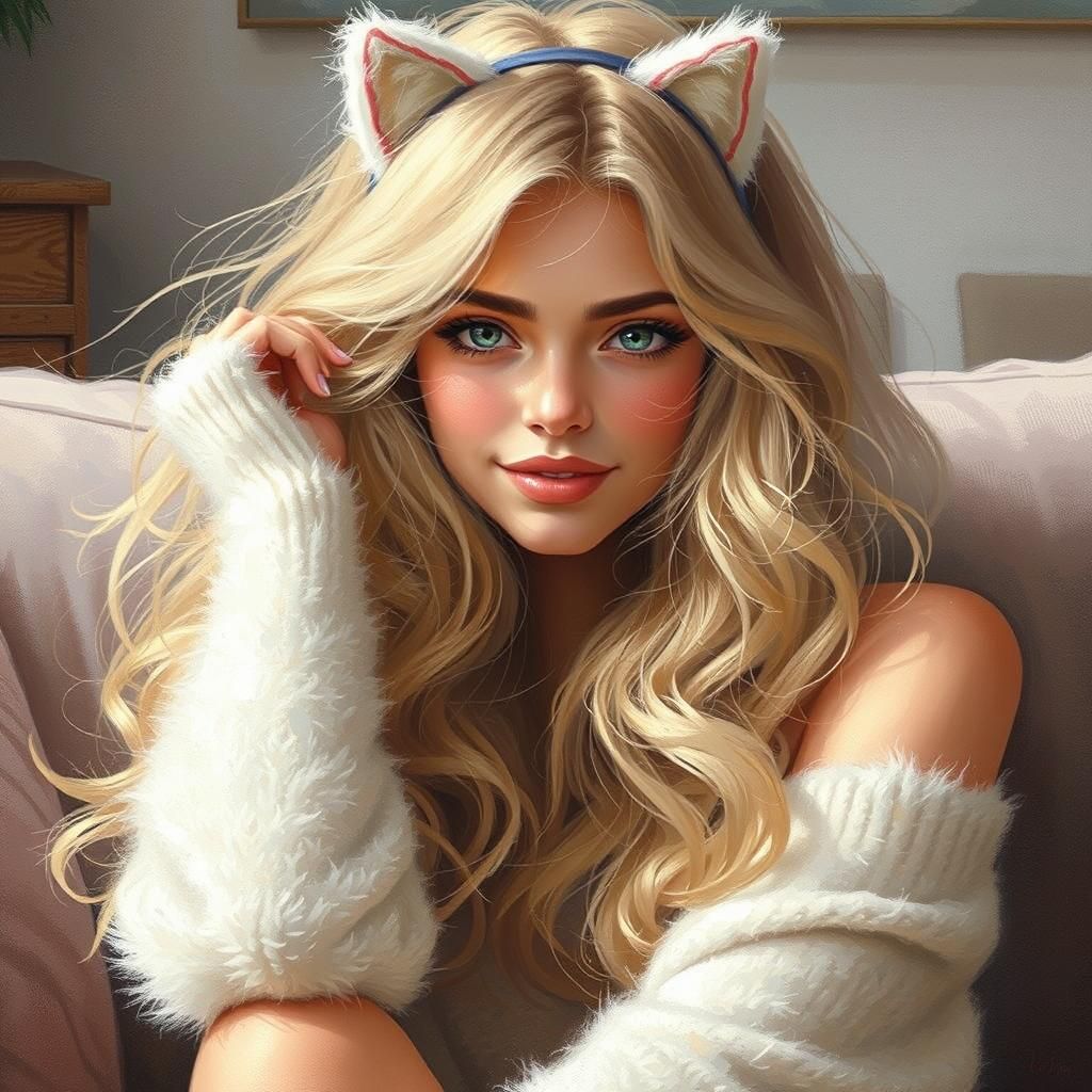 Blonde Woman with Cat Ears in Dreamy Portrait