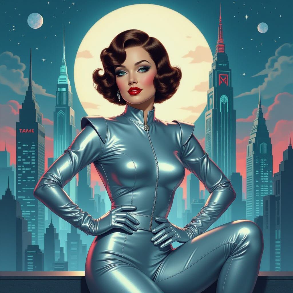 Flapper Astronaut Posing in Art Deco Cityscape