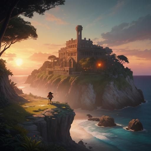 Luffy on Tropical Island, Digital Watercolor Concept Art