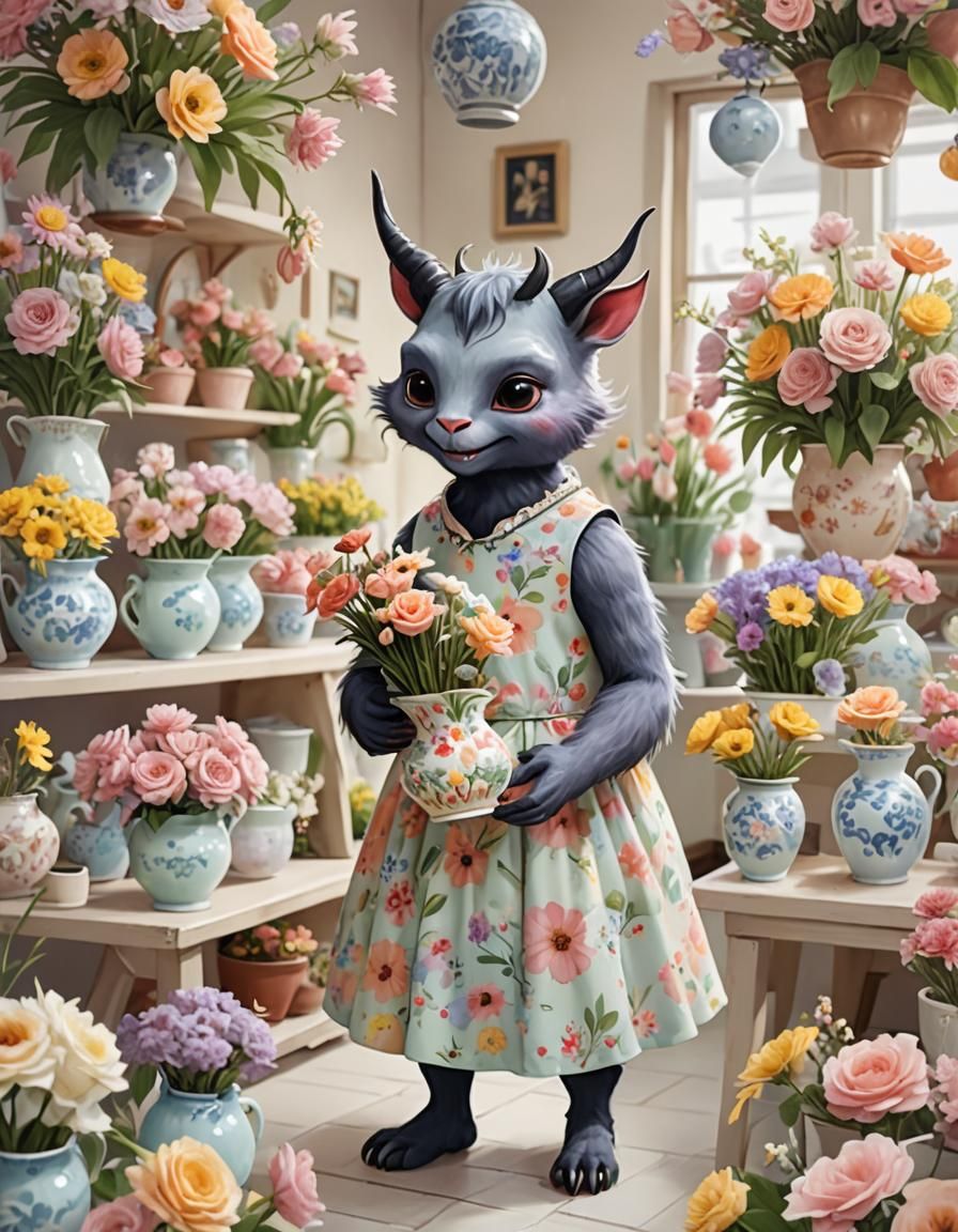 Friendly Demon Critter Arranging Flowers