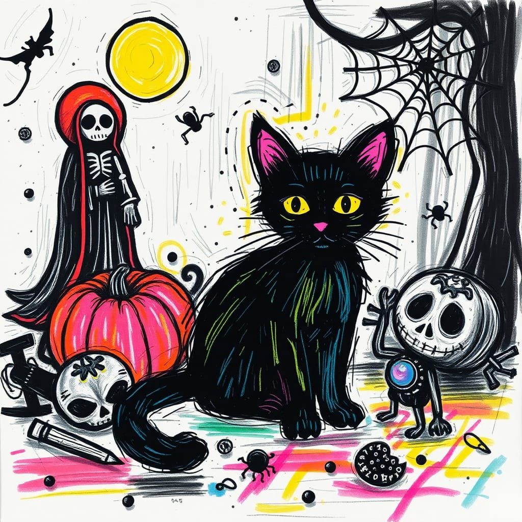 Halloween Black Cat in Childlike Basquiat Style
