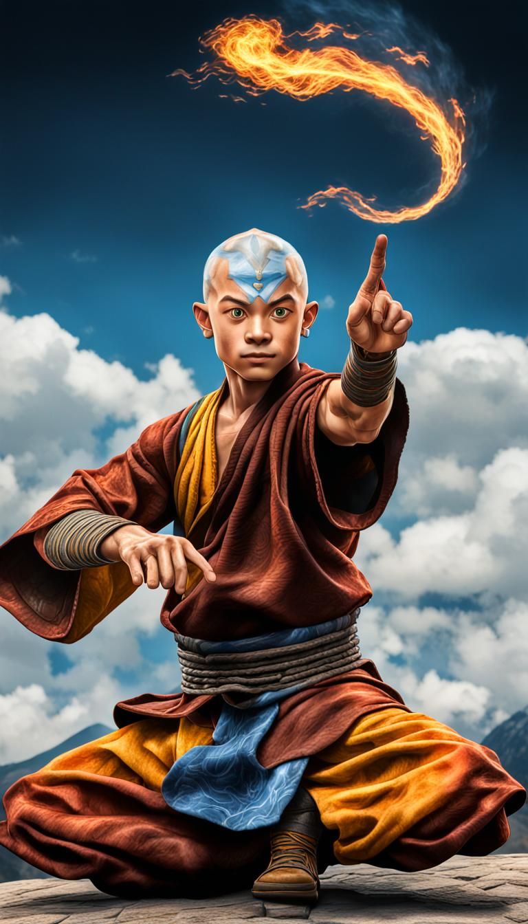 Hyperrealistic Aang the Airbender Conjuring Air