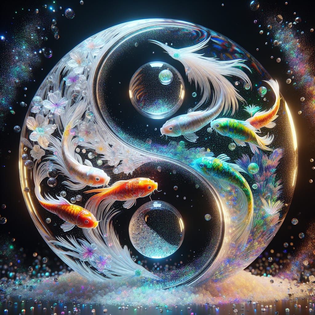Bioluminescent Koi in Crystal Yin Yang Sculpture
