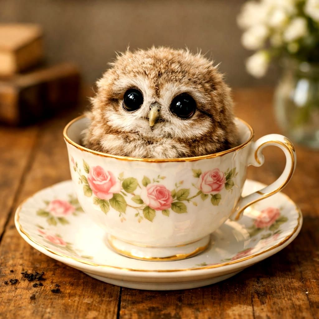 Cute Fluffy Baby Owl in Teacup