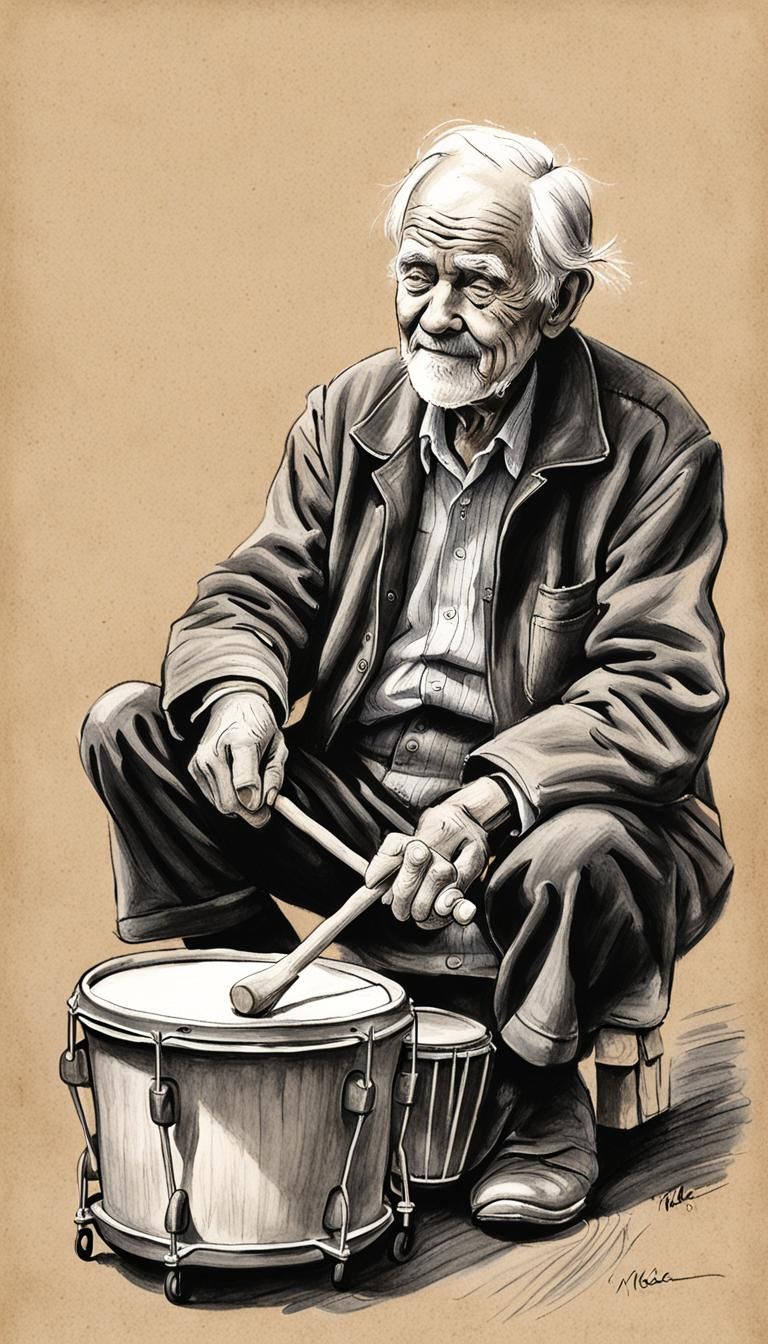 Charcoal illustration of This old man he played one he played Nick back on my drum with a nick nack paddy whack give a d...