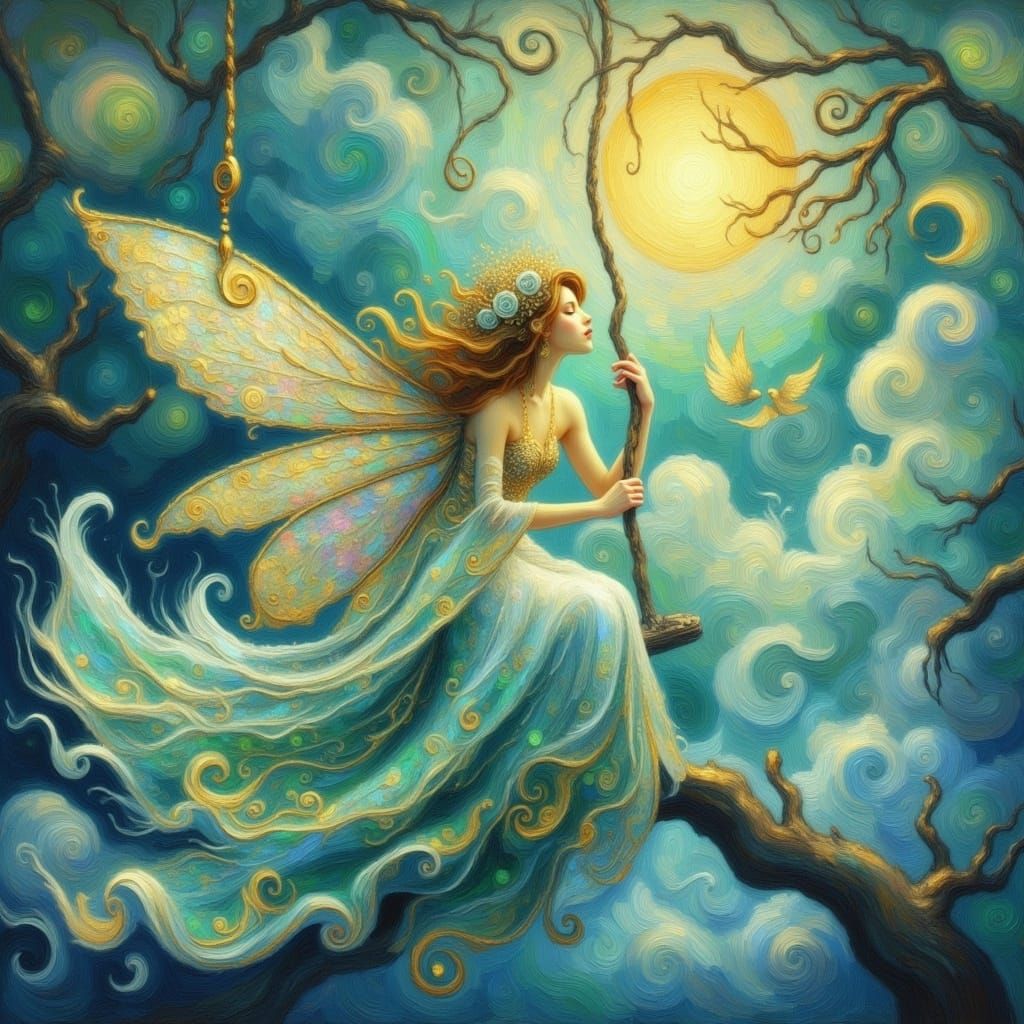 Ethereal Fairy on Swing as Impasto Oil Painting