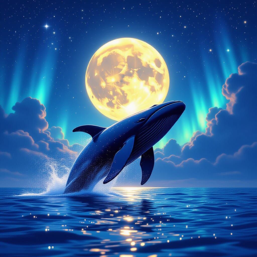 Colossal Whale Breaching Under Aurora Sky