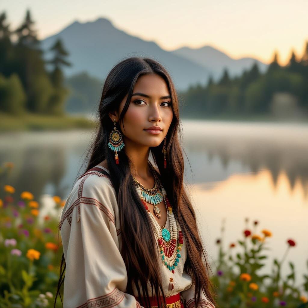 Amerindian Woman by Misty Lake in Vintage Sepia Tone