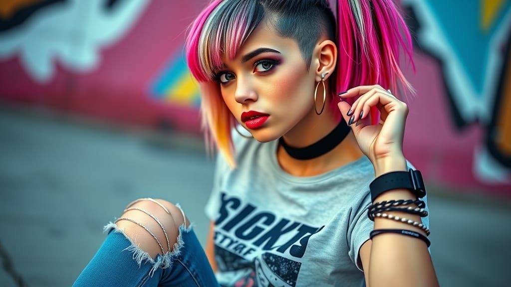 Punk Girl with Asymmetrical Hair in Retro Synthwave Style