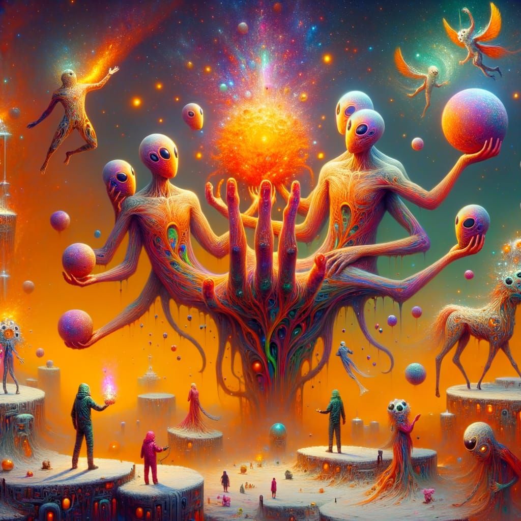 Multicolored Beings Offer Gift to Horse-Like Creatures in Dr...