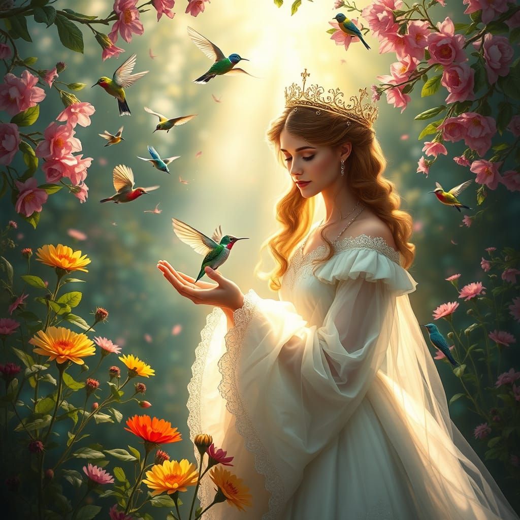 Enchanted Garden Queen Holding Hummingbird in Romantic Style
