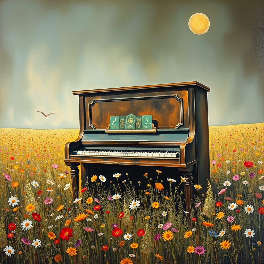 Surreal Piano in Wildflower Field, Dali Style