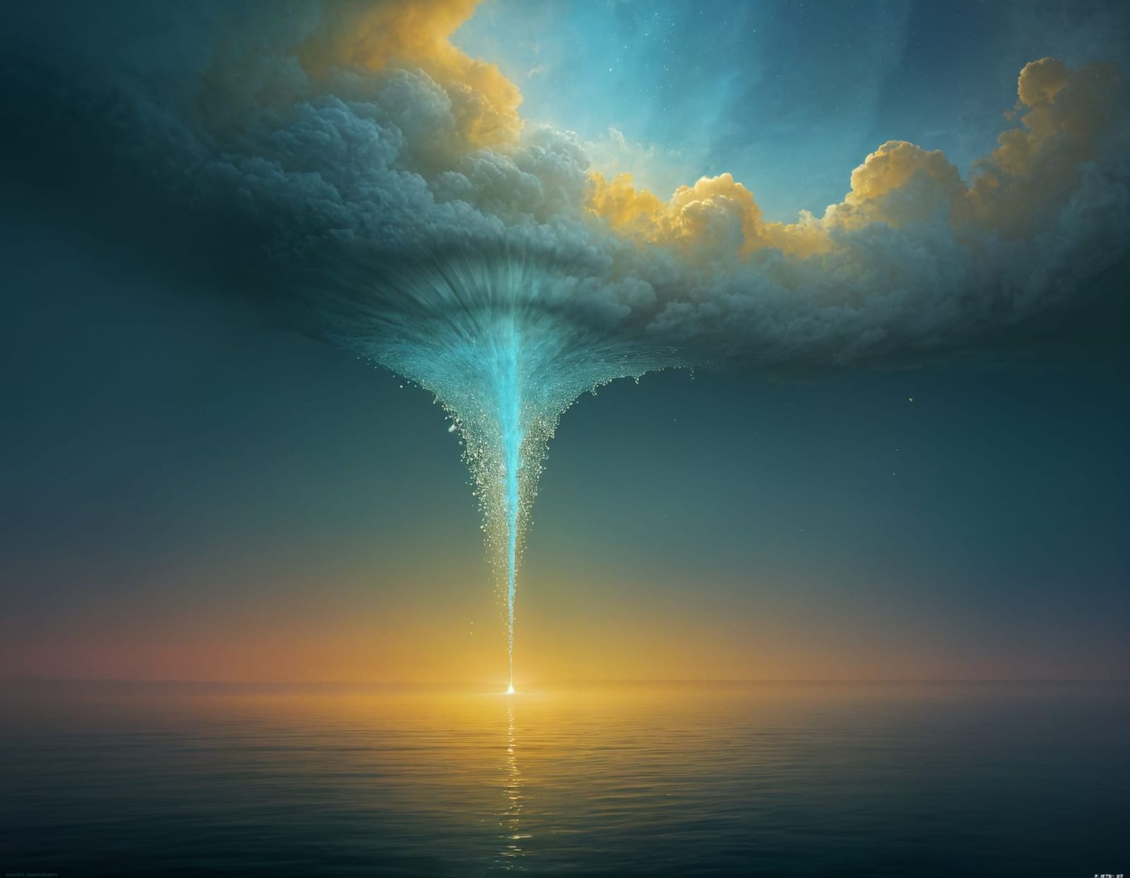 Golden Ocean in Blue Waterdrop: Digital Art