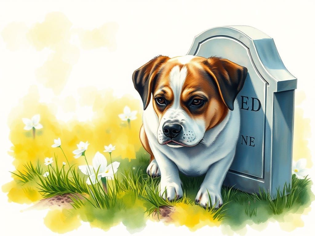 Faithful Dog Beside Tombstone in Pastel Watercolor