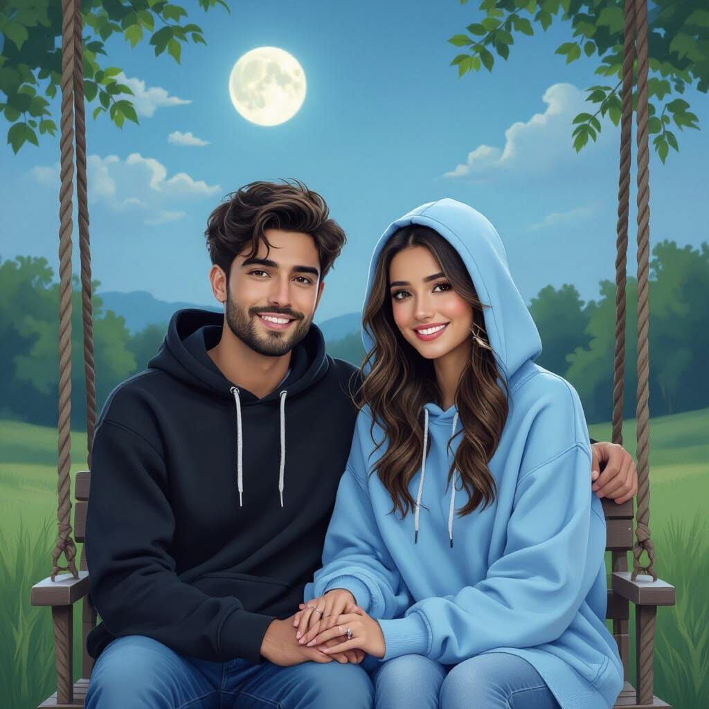 Couple on Swing in Moonlit Green Landscape