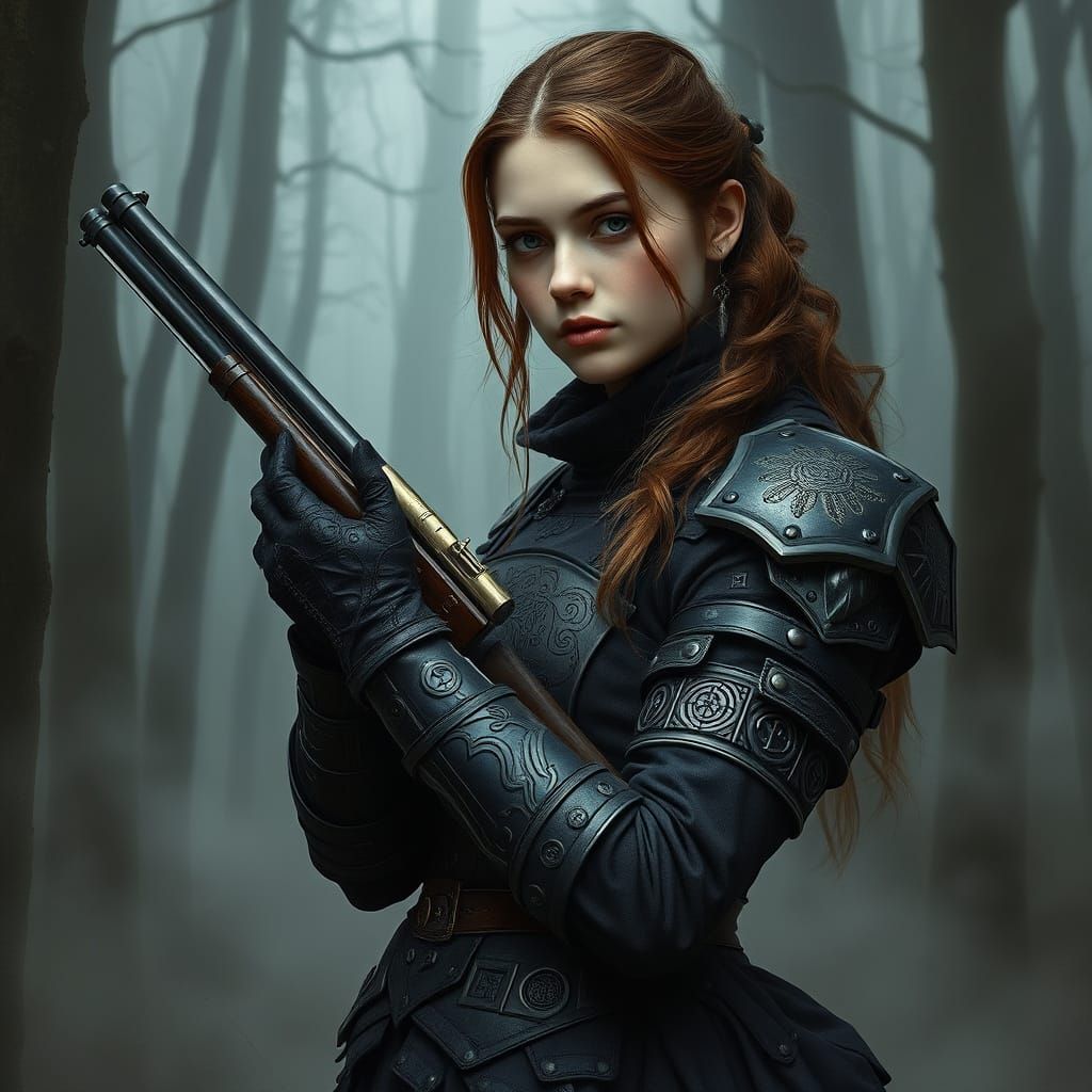 Girl in Dark Steel Armor Holds Ancient Flintlock Rifle in Li...