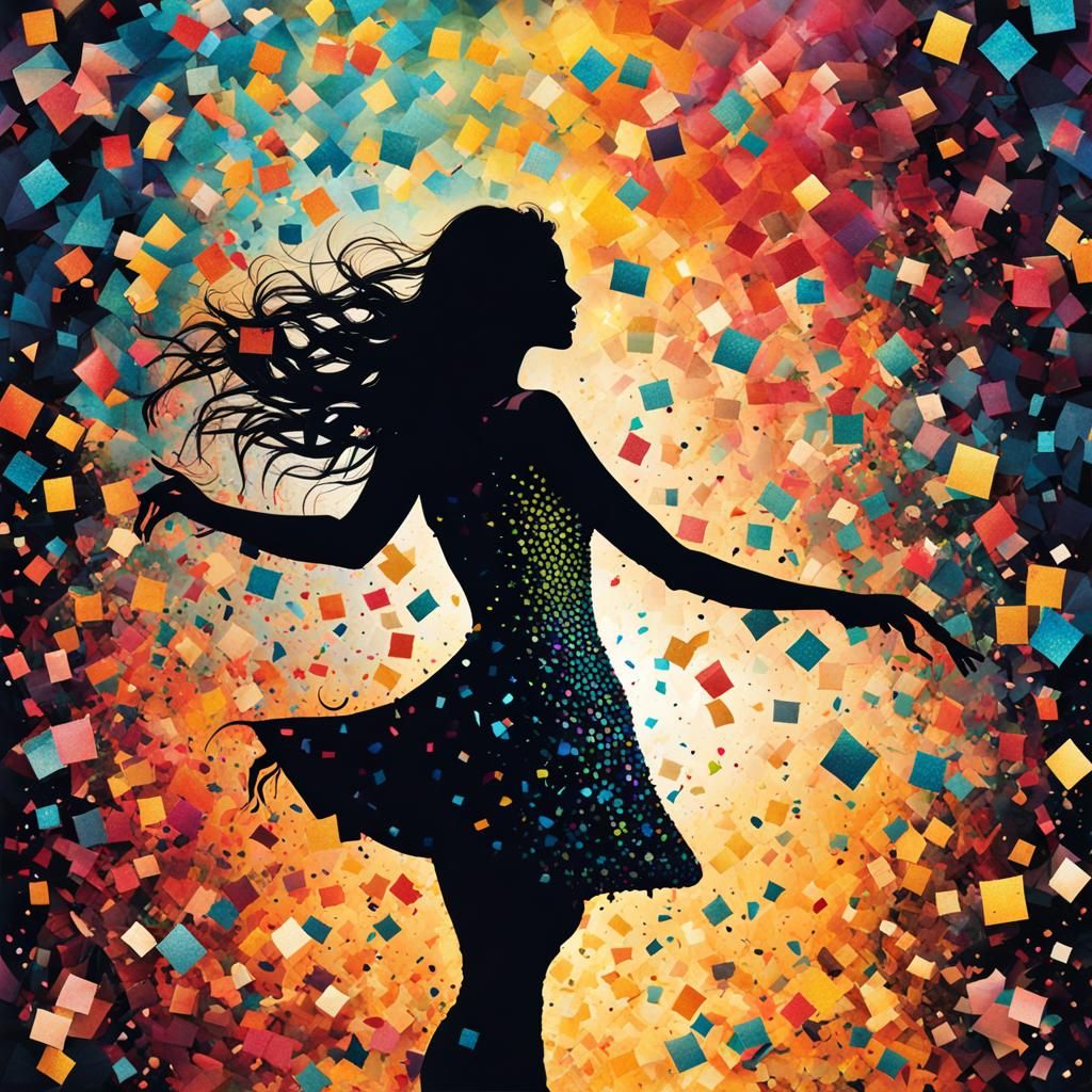 Confetti Mosaic: Joyful Woman Dancing in Geometric Art