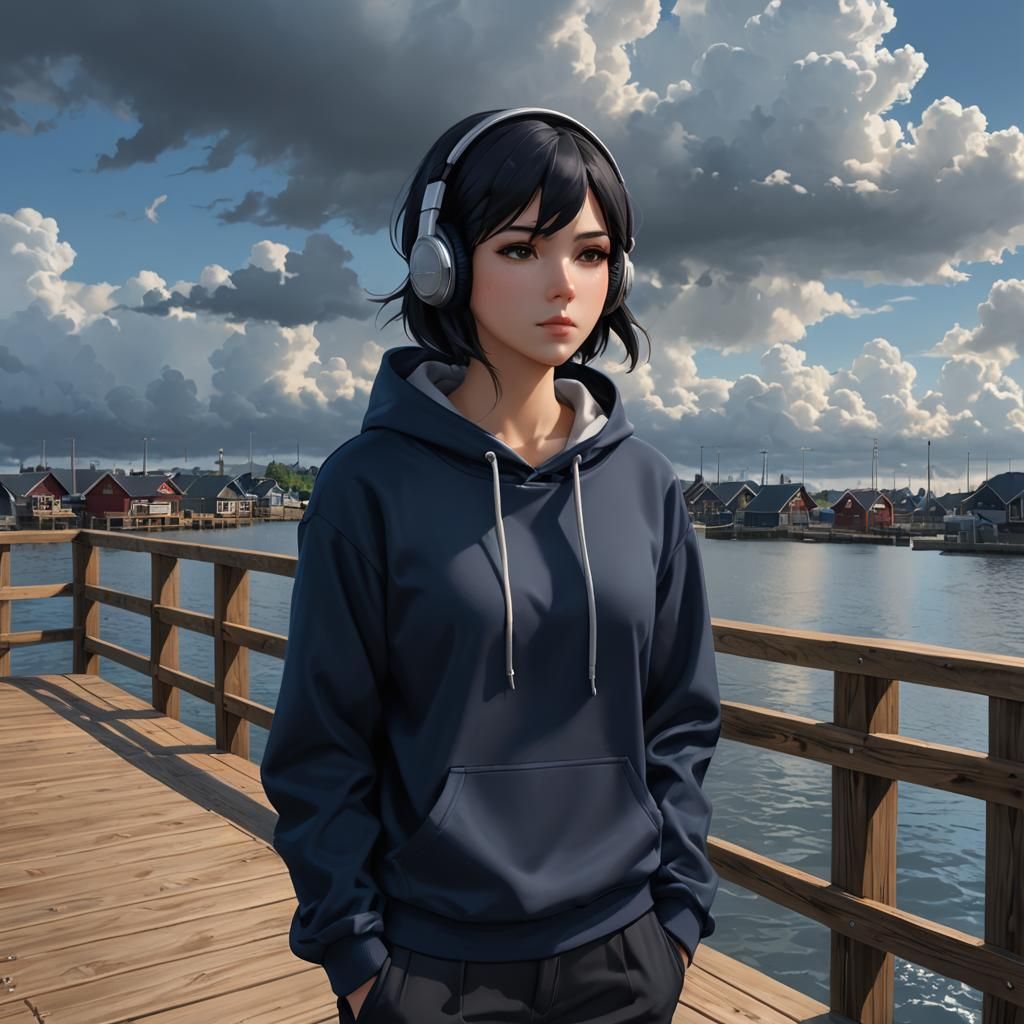 Anime Style High Schooler on Dock