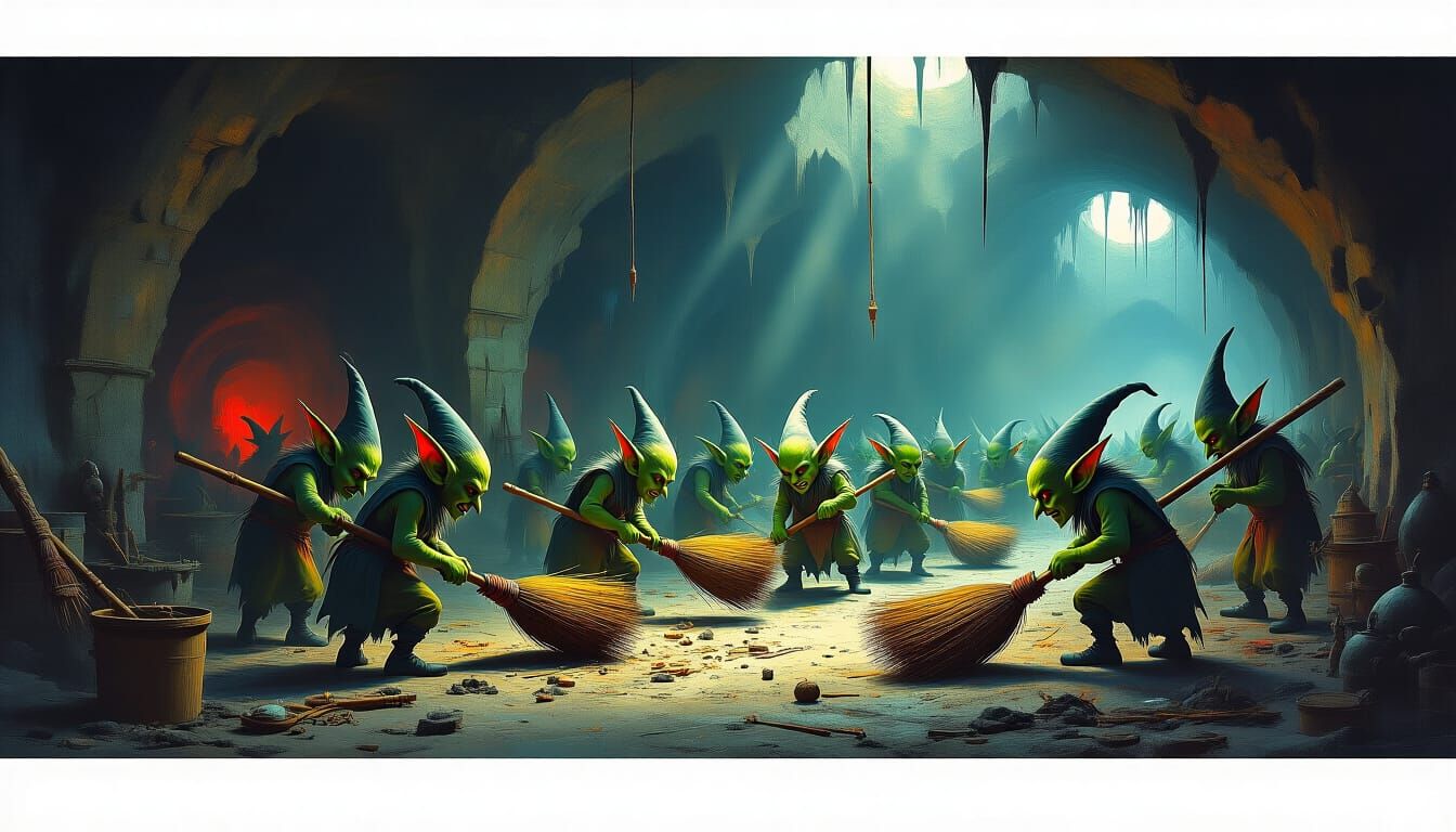 Goblin Broom Factory in Abstract Surrealism Style