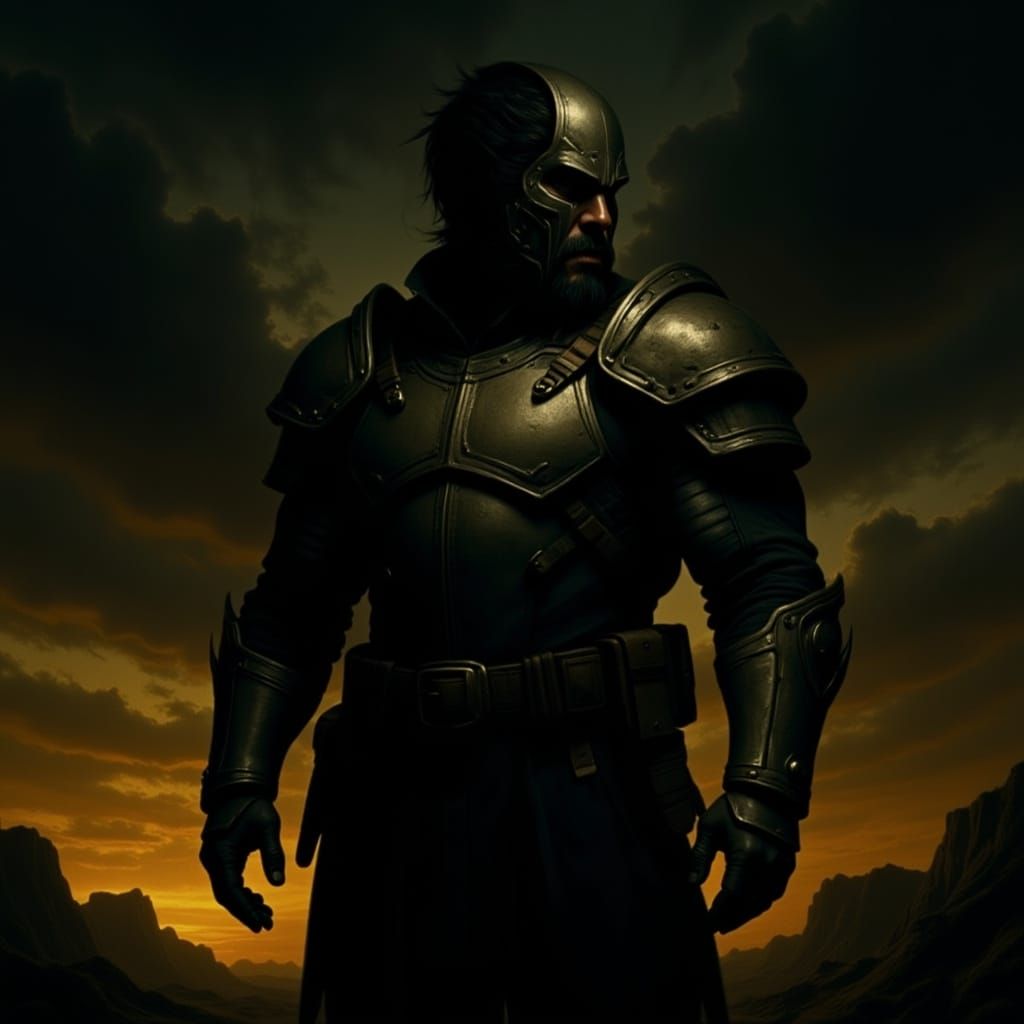 Dramatic Warrior Silhouette Against Stormy Sky