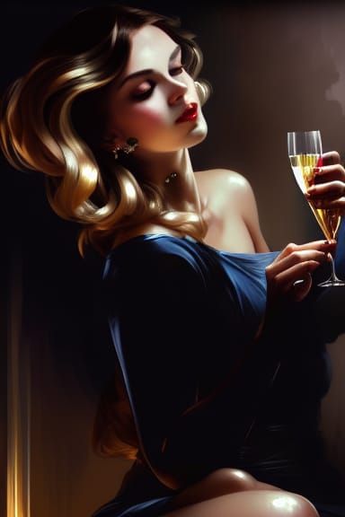 Glamorous Woman with Champagne: Hyperdetailed Art Portrait