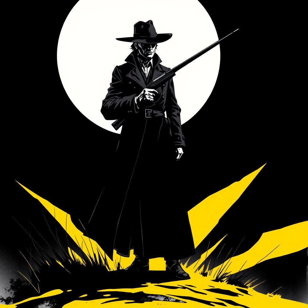Hunter in Noir Comic Style with Yellow Accents