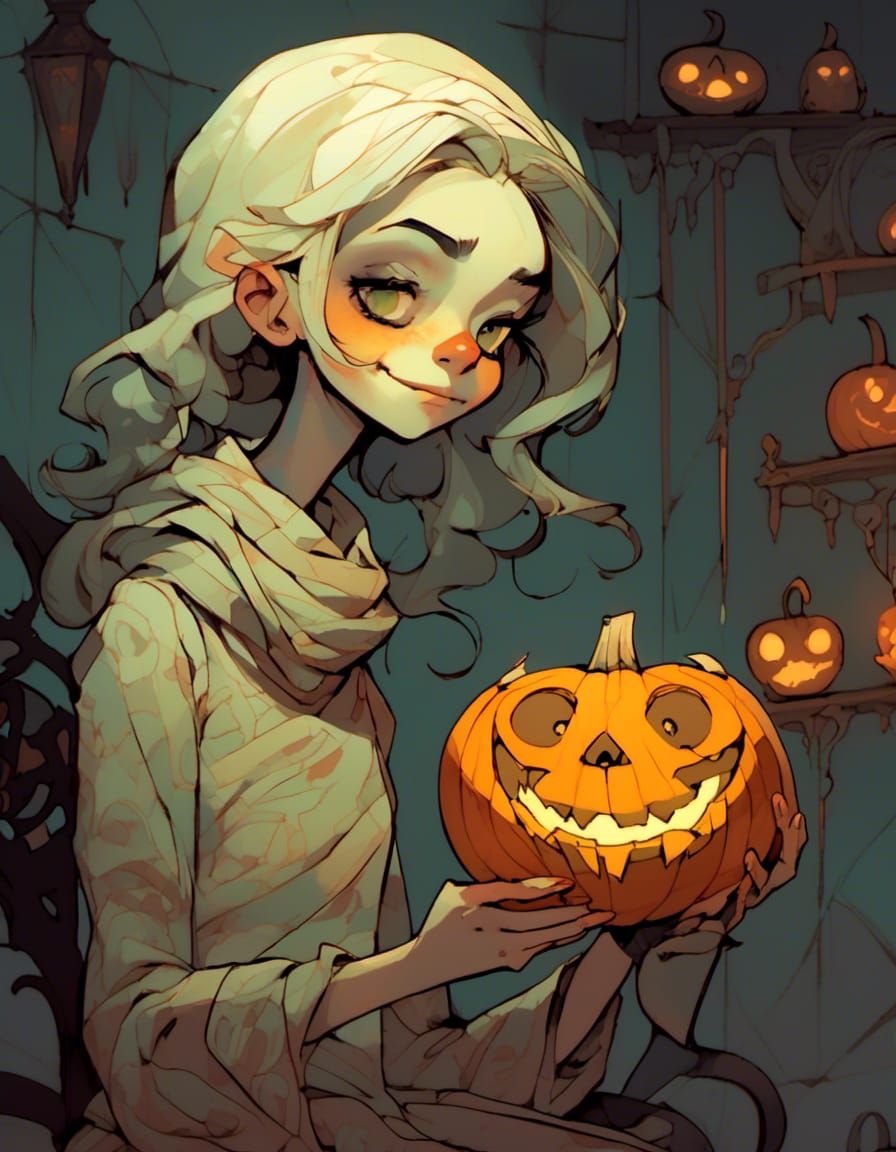 Smiling Mummy Girl with Glowing Pumpkin