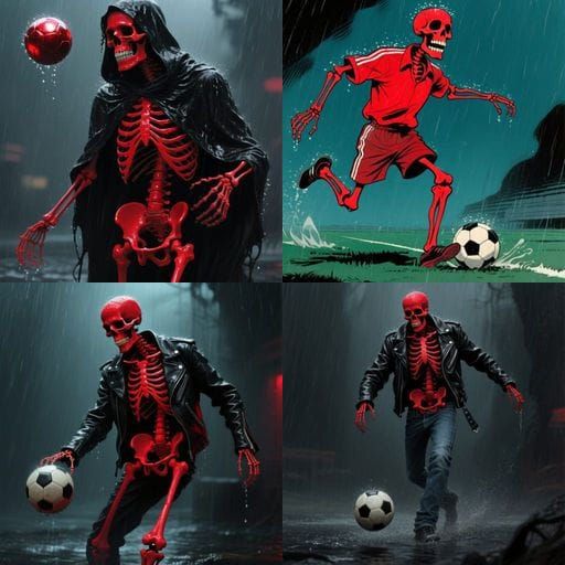 Red Skeleton Playing Ball in the Rain