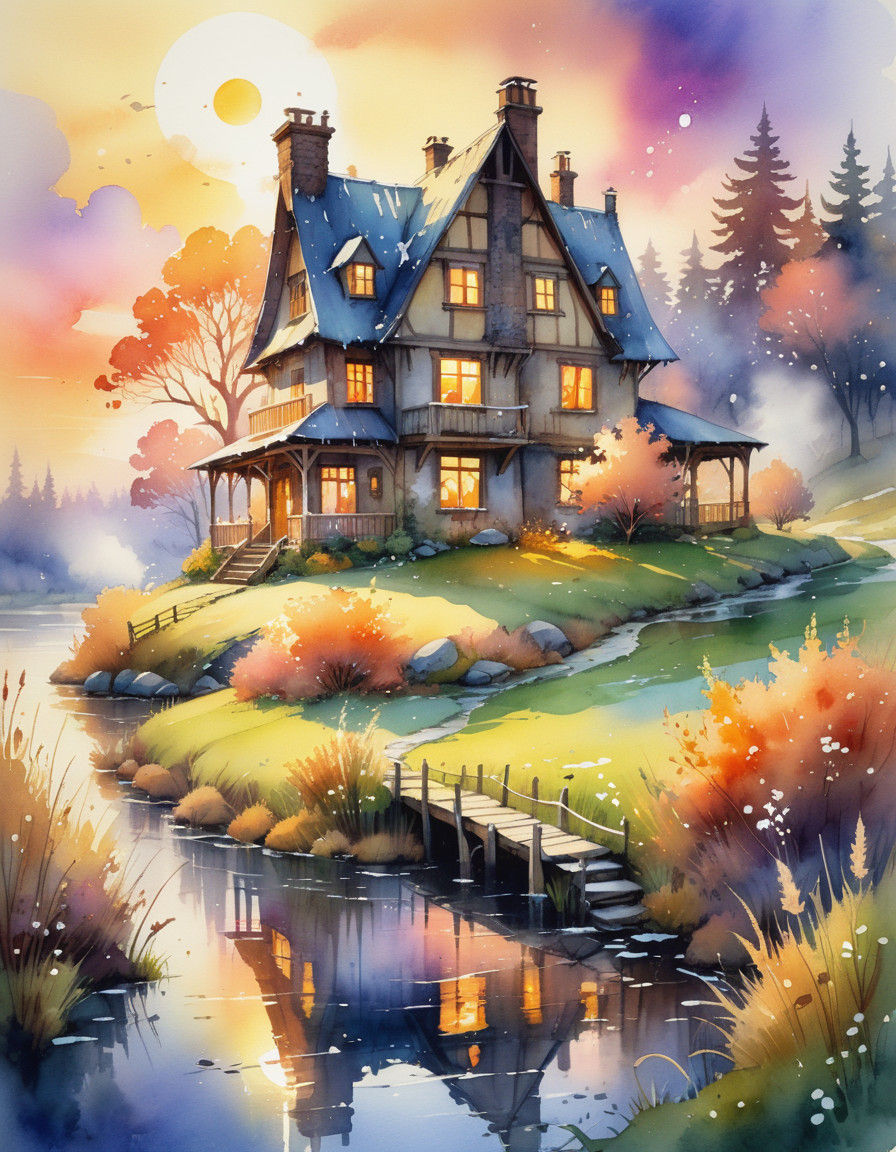 Sunlit Country Cottage in Whimsical Watercolor Style