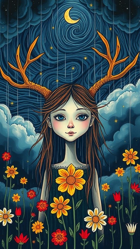 Pagan Horned Goddess in Starry Night, Watercolor Style