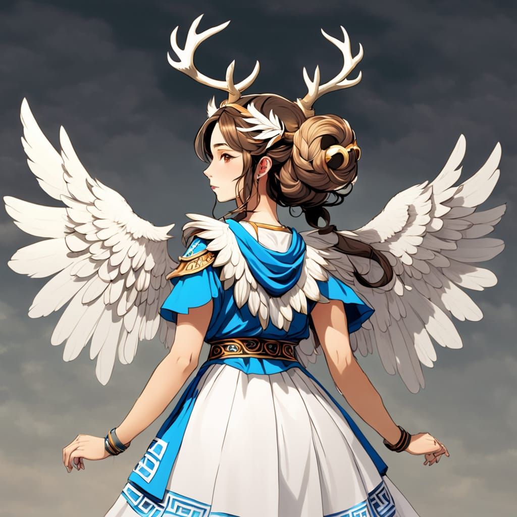 Mystical Goddess with Deer Antlers and Wings