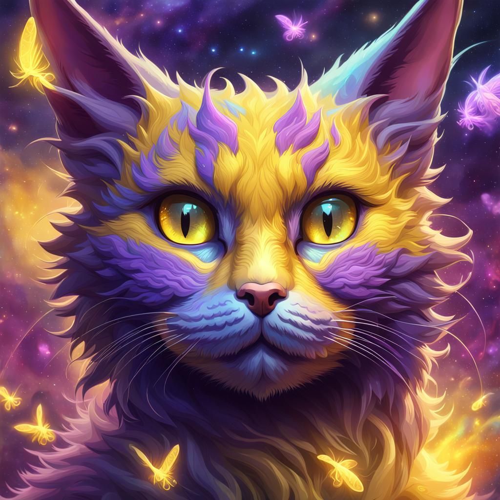 Hyper realistic cute fluffy yellow and purple Cat Dragon in ...