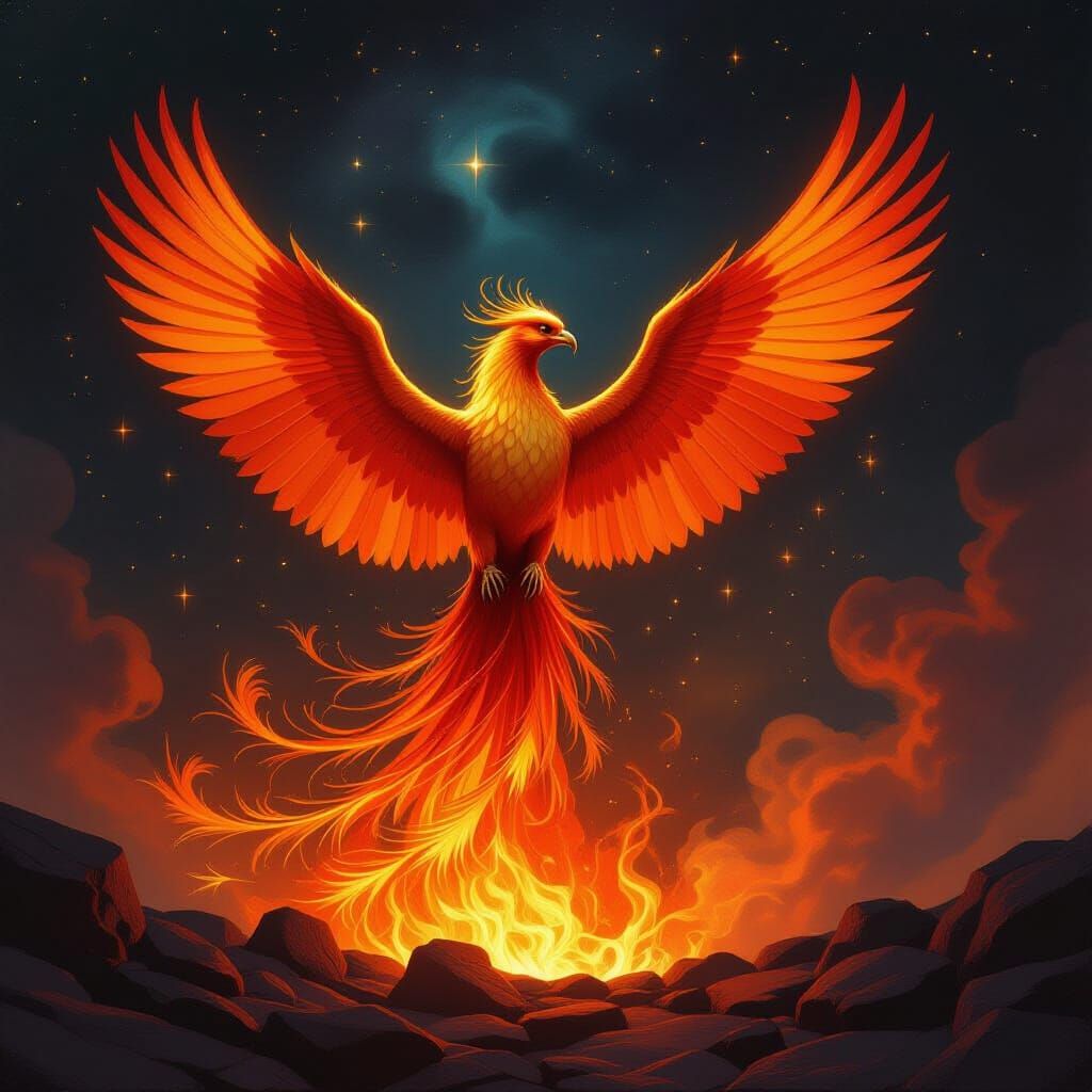 Majestic Phoenix Rises from Embers in Cosmic Nebula