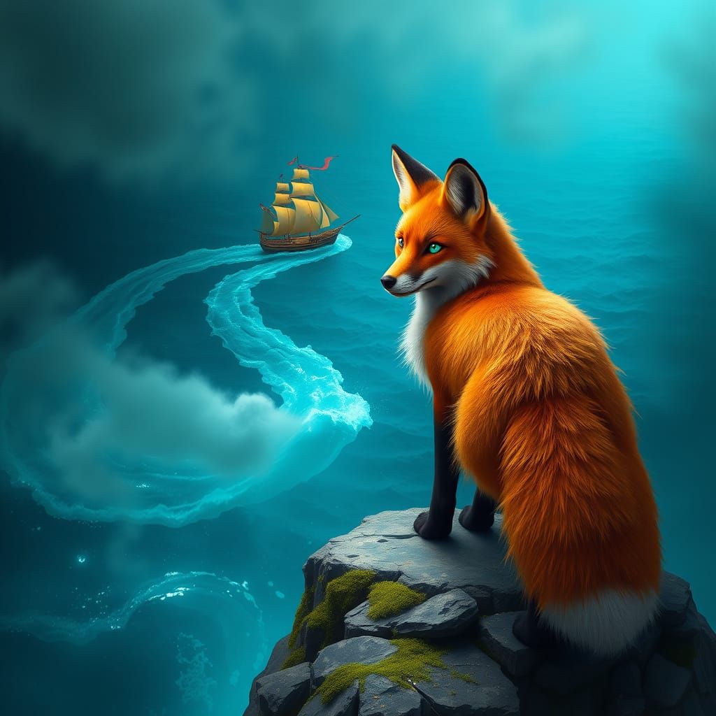 Fiery Fox Contemplates a Majestic Ocean Scene