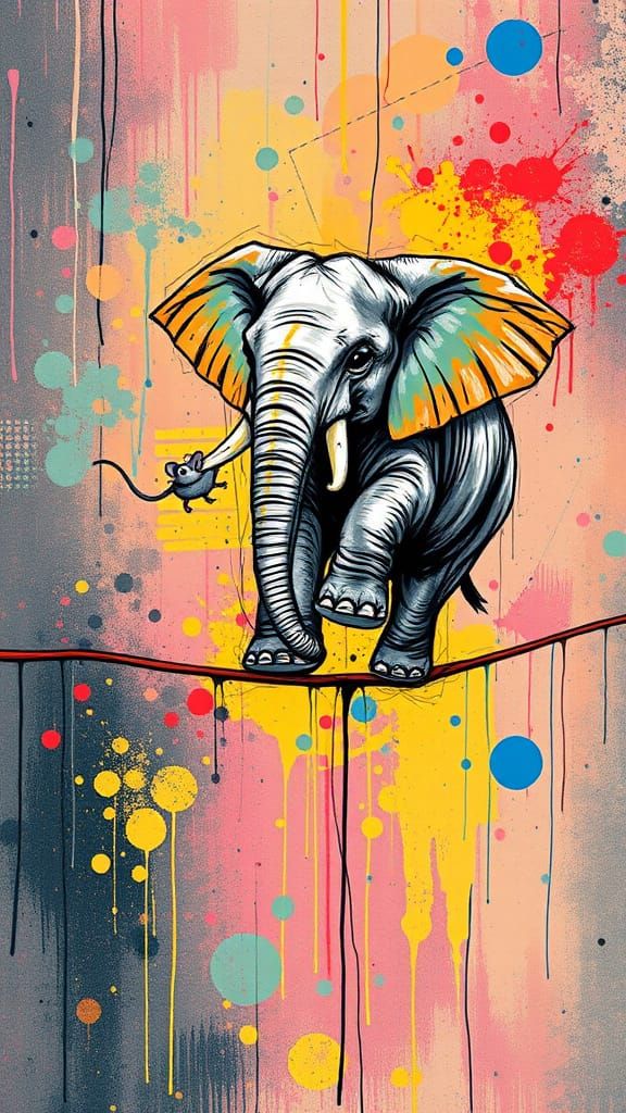 Pixel Art Elephant on Tightrope with Mouse, Glitchcore Style