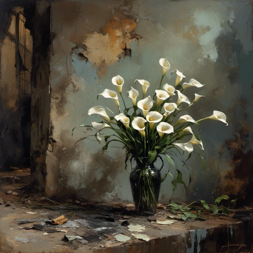 Calla Lily Bouquet in Matte, Grungy Oil Painting Style