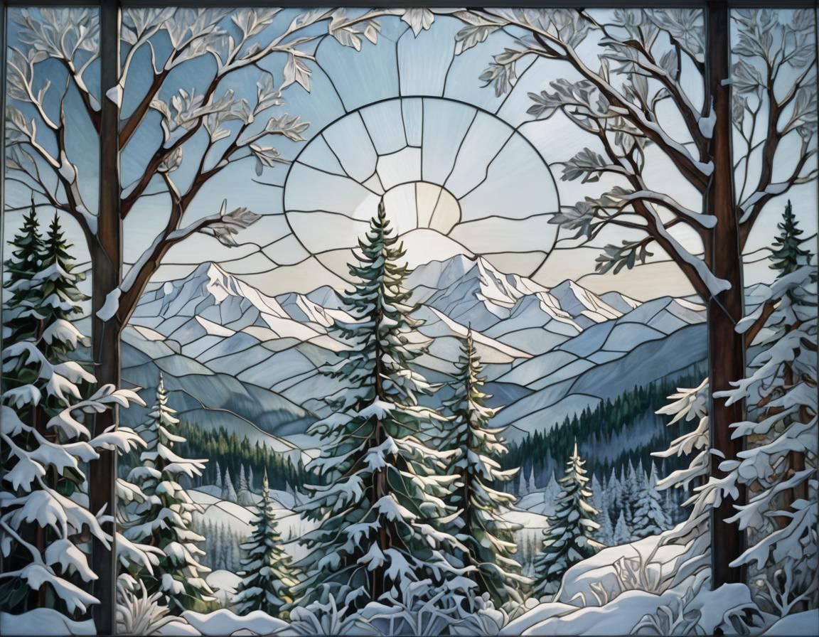 Frosted Stained Glass Window: Winter Landscape