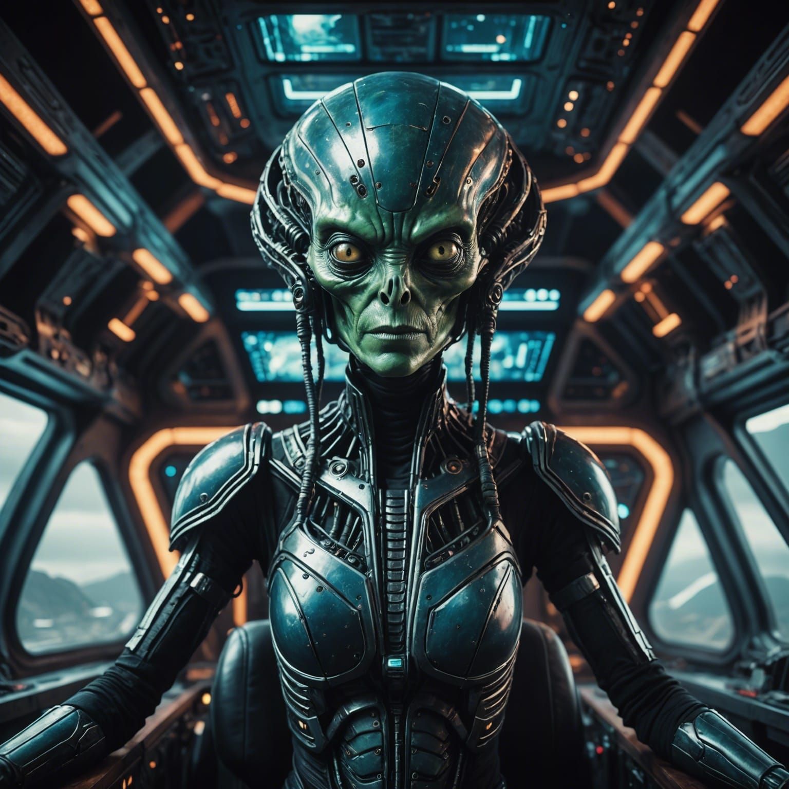 Grateful Alien in Creative Spaceship: Cyber Realistic Film S...