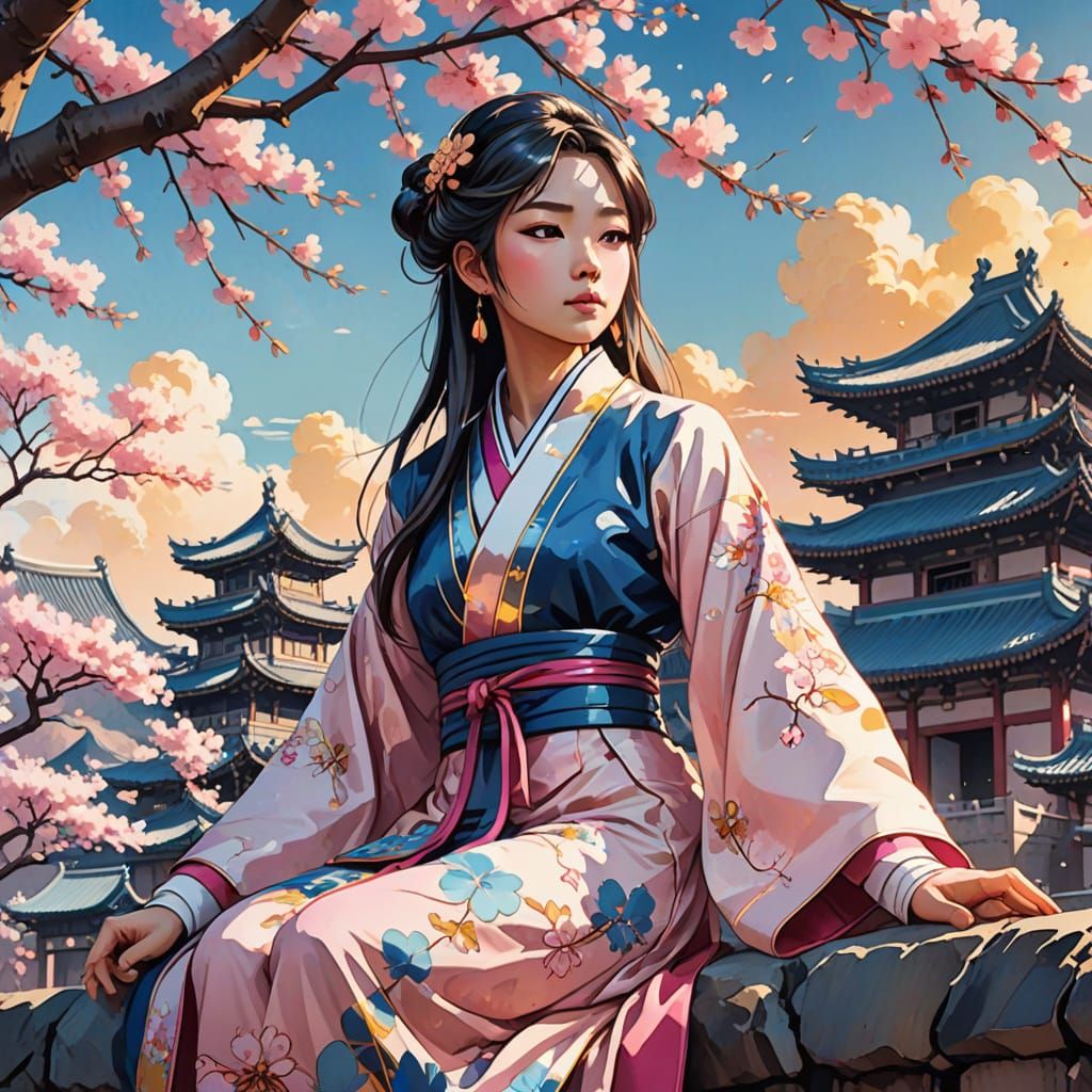 Chinese Princess Amidst Cherry Blossoms in Ancient City