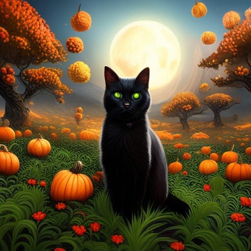 Black Cat in Pumpkin Patch: Detailed Matte Painting
